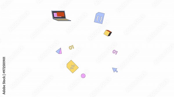 Software development elements 2D objects animation. Computing technology future cartoon 4K video, alpha channel. Laptop and bouncing code details animated flat items on white background