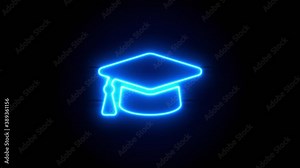 Graduation Cap neon sign appear in center and disappear after some time. Animated blue neon symbol on black background. Looped animation.