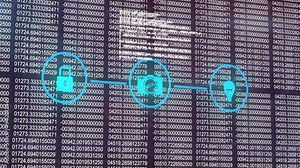Digital icons of camera, thumbs up, and chat over binary code animation