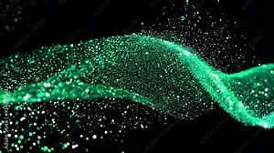 Abstract green glitter flowing in the empty black space. Festive backdrop with floating shimmer simulation for Christmas, Halloween presentation, party or promo clip.