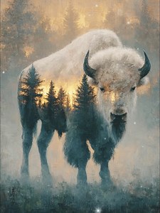 Bison Carrying Dawn Mist clings to the shoulders of the ancient walker, its breath warm with stories of returning grass. Inside its body forests awaken like slow fire, roots glowing beneath unseen snow. The earth moves when the bison steps forward, not heavy, but sacred with purpose. Every hoofprint becomes a doorway, where time bows to endurance. | Native Pride History