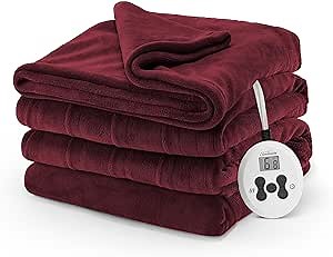 Sunbeam Electric Royal Luxe Microplush Heated Blanket, 12 Heat Settings, 12-Hour Selectable Auto Shut-Off, Fast Heating, Warm and Cozy, Cabernet Color, Full, 84" x 72"