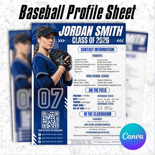 Baseball Profile Sheet Template, Athlete Player Profile Sheet, Sports Recruiting Card, Baseball Player, Athletic Resume, Baseball Resume - Etsy