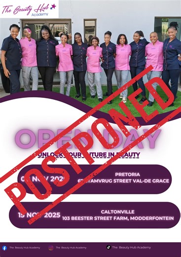 🚨 IMPORTANT ANNOUNCEMENT! 🚨 To ensure we deliver the absolute best experience for everyone, we've decided to postpone the Pretoria and Carletonville Open Days. Mark your calendars! We'll now see you in early 2026 with even bigger and better plans. Stay tuned for the official new dates! Thank you for your understanding. For more information please contact : 011 949 4312 #OpenDayUpdate #TheBeautyHubAcademy #TBHA #Coming2026 | The Beauty Hub Academy