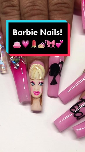 The hand painted Barbie face came out so cute! These took 3 hours! 💖👛💄 #barbienails #barbiegirl #floridanails #viralnails #worklife