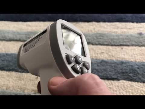 How to change between Celsius and Fahrenheit on the SK–T008 touchless infrared thermometer.