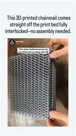 Business | Motivation on Instagram: "The post showcases a video of 3D-printed chainmail emerging fully interlocked from a printer, eliminating manual assembly, credited to designer PropsMaker who specializes in printable cosplay props. This technique uses multi-layer printing to create lightweight, flexible armor sheets up to 1.7 meters long, as detailed in PropsMaker's models on platforms like Printables and Cults3D, revolutionizing rapid prototyping for historical reenactments. Replies highlig
