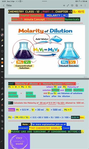 CHEMISTRYCLASS-12/Solution/Molarity of dilution #shorts#viral#ytshorts#neet#tntchemistryworld