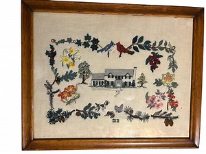Large Vintage Signed Framed Crewel Work Embroidery Piece 23.5x19 Inches of a House, Animals and Flowers - Etsy Canada