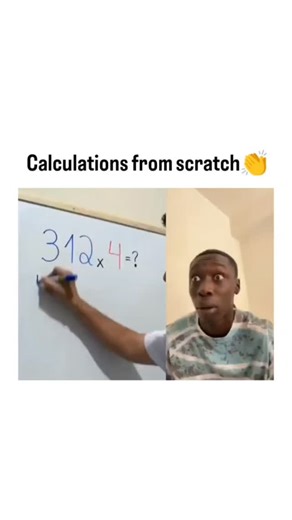 Global Vibe on Instagram: "The 29-second video demonstrates an impressive mental math technique for multiplying two three-digit numbers quickly without a calculator—specifically 312 × 4.A person writes "312 × 4" on a whiteboard. Instead of standard calculation, they draw four vertical lines on the left (representing the hundreds: 3 × 4 = 12, but visualized as lines), then four groups of one line each in the middle (for the tens: 1 × 4 = 4), and four groups of two dots each on the right (for the 
