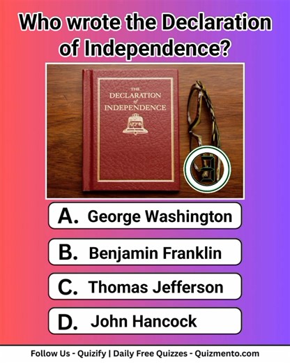 Who Wrote the Declaration of Independence? 🇺🇸✍️ | American History Quiz – Comment Your Guess! 👇 #DeclarationOfIndependence #ThomasJefferson #FoundingFathers #AmericanHistoryQuiz #USATrivia | Quizify