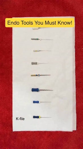 Dr. Zainab | Dentist 🦷 on Instagram: "1. K-File • Type: Hand instrument • Material: Stainless steel / NiTi • Design: Twisted square or triangular cross-section • Use: • Canal negotiation • Cleaning & shaping • Working length determination • Movement: Watch-winding / filing motion 2. H-File (Hedström File) • Type: Hand instrument • Design: Machined, sharp spiral flutes • Use: • Efficient dentin removal • Final canal shaping • Movement: Pull stroke only ⚠️ (Never rotate → fracture risk) 3. Hand P