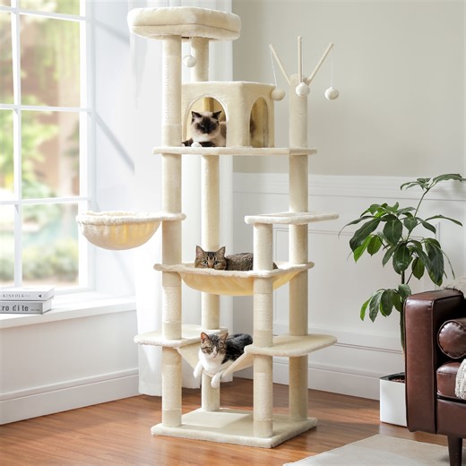 PAWZ Road 69" Cat Tree for Large Indoor Cats Multi-Level Cat Condo with Large Hammock Perch and 5 Scratching Posts, Beige