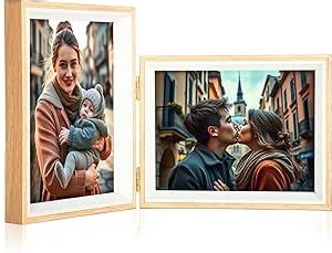 Double Picture Frame 5x7 Vertical and Horizontal Hinged Picture Frames stand on Desktop Folding Photo Frame for Tabletop Display(WoodGrain,5x7-7x5)