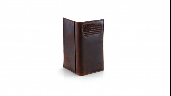 ARIAT Men's Rodeo Wallet with Distressed USA Flag and Shield Logo, Brown Genuine Leather, Multiple Compartments, 6-1/2" x 3-1/2"