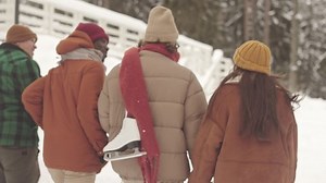 Back view of group of young multiethnic people walking along beautiful winter forest and having conversation