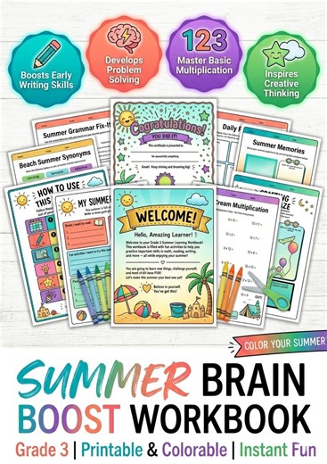 50+ Pages Grade 3 Summer Workbook, Summer Activity Book,3rd Grade Printable Worksheets, Summer Learning Packet,reading Math Writing Game - Etsy Australia