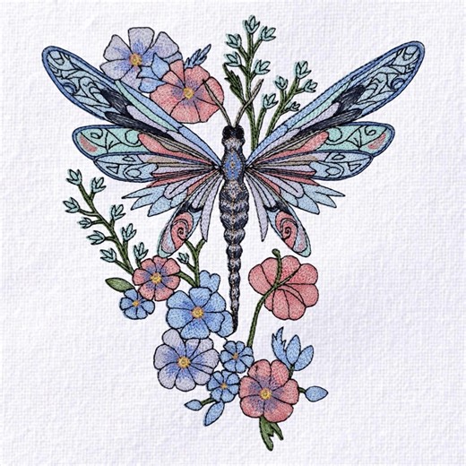 Dragonfly With Flowers Embroidery Design Floral Dragonfly Embroidery Pattern Colorful Dragonfly Machine Embroidery File Instant Download PES - Etsy