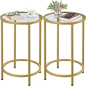 Yaheetech Gold Side Table Set of 2, Round End Tables Tall Nightstand Bedside Table Set w/Glass Top & Metal Frame for Living Room/Balcony/Bedroom/Small Space, Easy Assembly, Modern Style, Mustard Gold