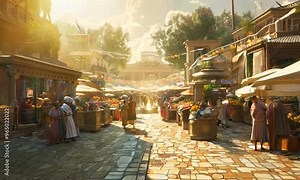 A bustling ancient Roman marketplace, filled with merchants, artisans, and the sounds of everyday life, reflecting the vibrancy and diversity of the Roman Empire. Video