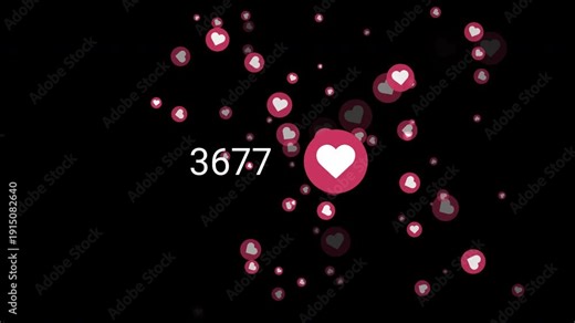 An animated counter with red hearts that connect into one big heart. Transparent background, alpha channel, 60 fps animation with loop. Collecting likes on social networks overlay concept video.