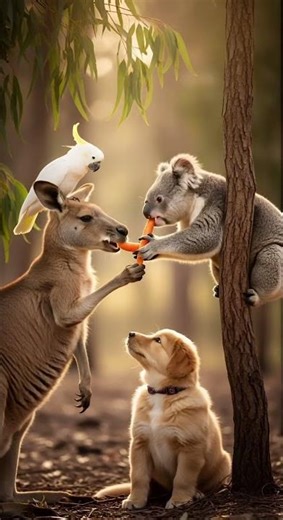 Kangaroo, koala & puppy — sharing carrots in the outback?