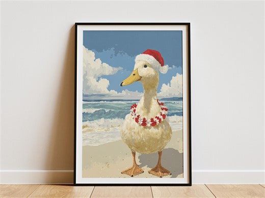 Festive Duck Art Print With Santa Hat and Hawaiian Lei Tropical Christmas Beach Ocean Decor Unique Holiday Coastal Wall Art Poster - Etsy