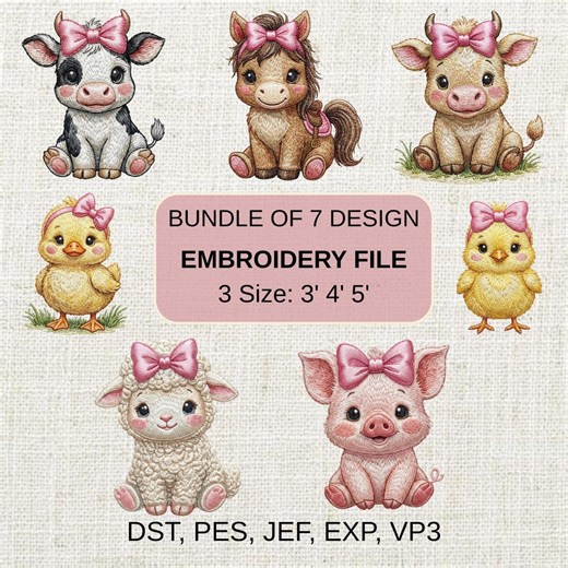 Baby Farm Animals Embroidery Design Bundle, Cute Pink Barnyard Animals PES DST EXP Files, Cow Pig Horse Lamb Duck Baby Girl Embroidery - Etsy