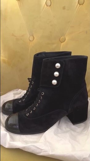 Chanel Black Suede & Patent Leather Cap Toe CC Pearl Ankle Boots | Luxury Designer Footwear #shorts