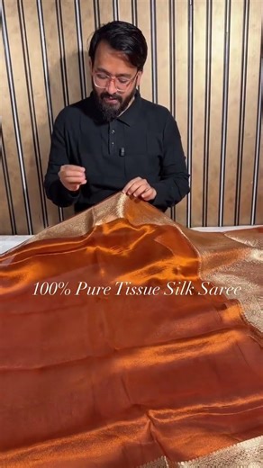 100% Pure Tissue Saree Premium Rust Orange Tissue Silk Saree with rich zari pallu and blouse Rs