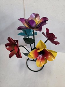 Colorful Metal Garden Flowers – 5 Bloom Yard Art With Leaves – Handmade – 15 Inches - Etsy