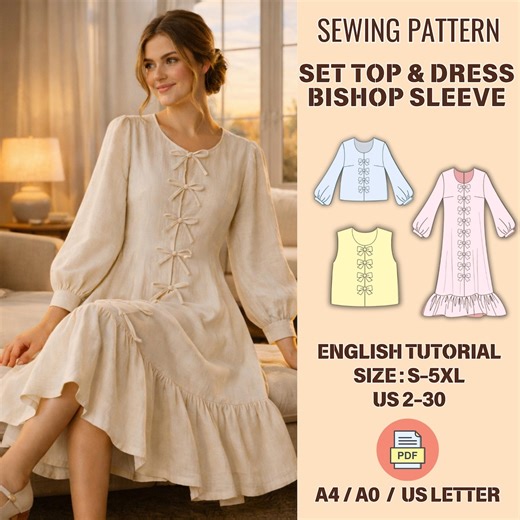 Bishop Sleeve Dress and Top Sewing Pattern, Ruffle, Sleeveless, Tie , Peplum,