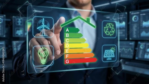 Energy source and electricity icons with house energy rating chart showing carbon reduction and zero carbon economy focus on waste reduction for sustainable power use and green technology innovation