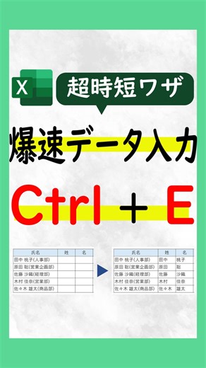 しかっち@苦手な方専門パソコン教室パレハの先生 on Instagram: "📌 Ctrl＋Eで爆速データ入力！ 氏名＋所属が一つのセルに入ってる時… 手入力で分けていませんか？😱 Excelの「フラッシュフィル」なら たった15秒で自動入力✨ （手順も超カンタン👇） ① 1行目だけ入力 ② セルを選択 ③ Ctrl＋E を押すだけ！ 100件以上のデータでもあっという間に完了🎉 知らなきゃ損！今日から即使える裏ワザです💡 📝使ったことある？ コメントで教えてください👇✨ 保存してまた見返せるようにしてね📌"
