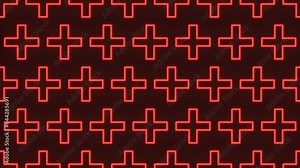 A repeating pattern of red crosses on a black background forms a grid-like design. The crosses overlap in each row, creating a unique and visually striking graphic design