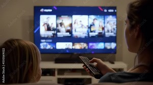 Mother and child watching streaming TV at home, sharing screen time and entertainment – family bonding in a cozy evening living room
