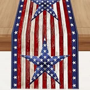 Watercolor Red White and Blue American Flag Stars Table Runner 4th of July Memorial Day Veterans Day Patriotic Decoration and Supplies for Home 13x36 Inch