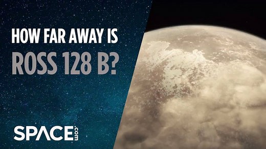 It depends on when you ask! The recently discovered planet is orbiting the red dwarf star Ross 128, 11 light years away from our solar system in the Virgo constellation. But the star system is moving closer to Earth. Credit: Space.com / edited by Steve Spaleta Read more here: https://www.space.com/38782-possibly-earth-like-alien-planet-ross-128b.html | Space.com