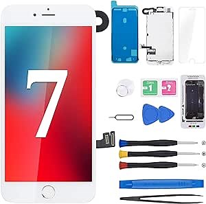 for iPhone 7 Screen Replacement with Home Button 4.7" White Repair Kit, LCD Display 3D Touch Digitizer Full Assembly Front Camera Speaker Sensor Glass HD Screen Fix Tools A1660, A1778, A1779