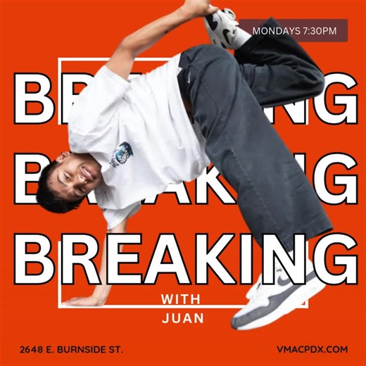 Breaking and Floorwork with Juan: Come learn basic Breakdance and Floorworks steps, moves, and techniques with Juan. Breakdance is a diverse, unique, and compelling community-driven artform. Rooted in Black and Brown communities between NYC, breaking is more than a dance, it's a global culture and a 2024 Olympic Sport. Let's learn together. Mondays at 7:30 pm 2648 E Burnside St Instructor: Juan @hundred_nb Register Here https://f.mtr.cool/ylmueoznot Pass: 🎫 Drop-in pass: $20 🎫 Punch cards: $90