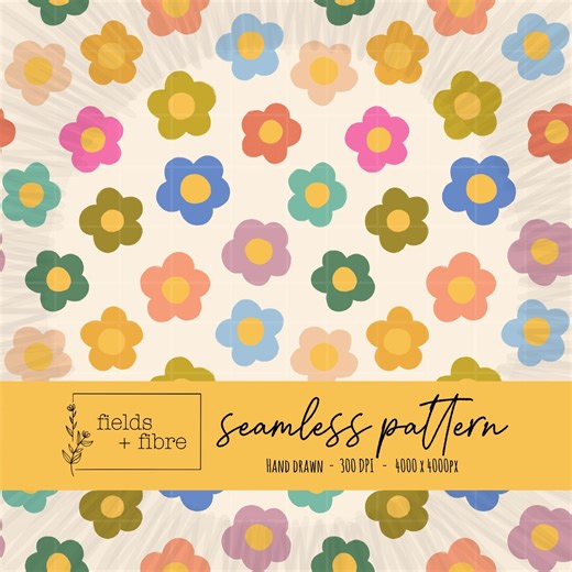 Retro Floral Seamless Pattern Hand Drawn Funky Flowers Digital Paper Download 70’s Daisy Sublimation Fabric Surface Design Boho Print - Etsy