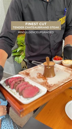 Never get bored with beef! Indulge in the delectable flavour of Chateaubriand Steak served in melted butter with cherry tomatoes and rocket leaves and topped with parmesan cheese. #IndulgenceUpgraded #MeatTheCheese #TheFinestCut #Karachi #Lahore | Meat The Cheese