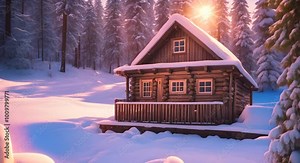 Old scandinavian style wooden cabin in the snow forest christmas theme 4k animation
