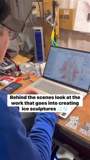 The Ice Farm. An ice carving starts with a design, it can be freehand or a computerized design. Sometimes we use templates on the ice, sometimes we wing it. It takes three days to make one ice block and they weigh 300 pounds each. | The Ice Farm