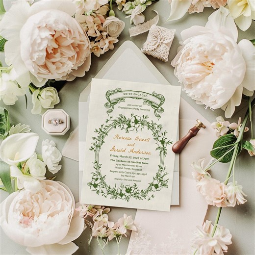 Garden Engagement Party Invitation: Vintage Green Floral Regency Victorian Botanical Template