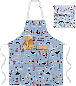 Professional Grade Premium Chef Kitchen Aprons for Cooking with Two Pockets, Water and Stain-Resistant, Machine Washable, Cute Cooking Aprons for Women and Men (Seasonal, Happy Summer)
