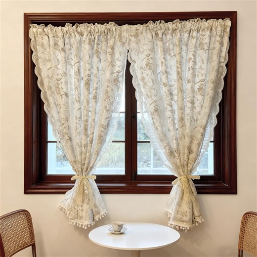 Vintage Double-layer Lace Curtains | Floral Printed Edge Pom-pom Fringe Trim Cafe Curtains | French Cottagecore Kitchen & Bedroom Home Decor - Etsy