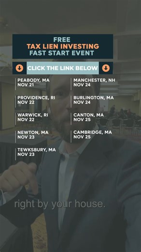 Join me at my FREE Live Tax Lien Investing Fast Start Event We're coming to the Boston Area Nov 21-25 📅 100% FREE training on Tax Lien Investing in 2025 🏘📈 This training will cover...👇 ✅ How to bid on Tax Liens from home 🏠 ✅ Why you don’t need $1,000’s of dollars to invest in Tax Liens 💸 ✅ How to profit from Tax Liens without ANY previous experience💎 ✅ How to turn Tax Liens from just a “side hustle” into your main source of income 💰 Register Now! | Tax Lien Code