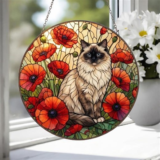 Ragdoll Cat Suncatcher: Glass Panel Decor Floral Poppy Botanical Hanging , Cat Lover Gift - Etsy