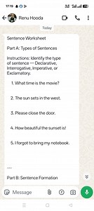 Sentence WorksheetPart A: Types of SentencesInstructions: Id... | Filo